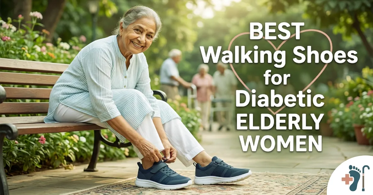 An elderly South Asian woman sitting on a park bench, adjusting comfortable navy blue diabetic walking shoes with Velcro straps. Next to her is the bold text "BEST Walking Shoes for Diabetic ELDERLY WOMEN" with a heart design and foot health logo.