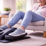 Happy senior exercising on an under-desk elliptical at home for diabetes benefits