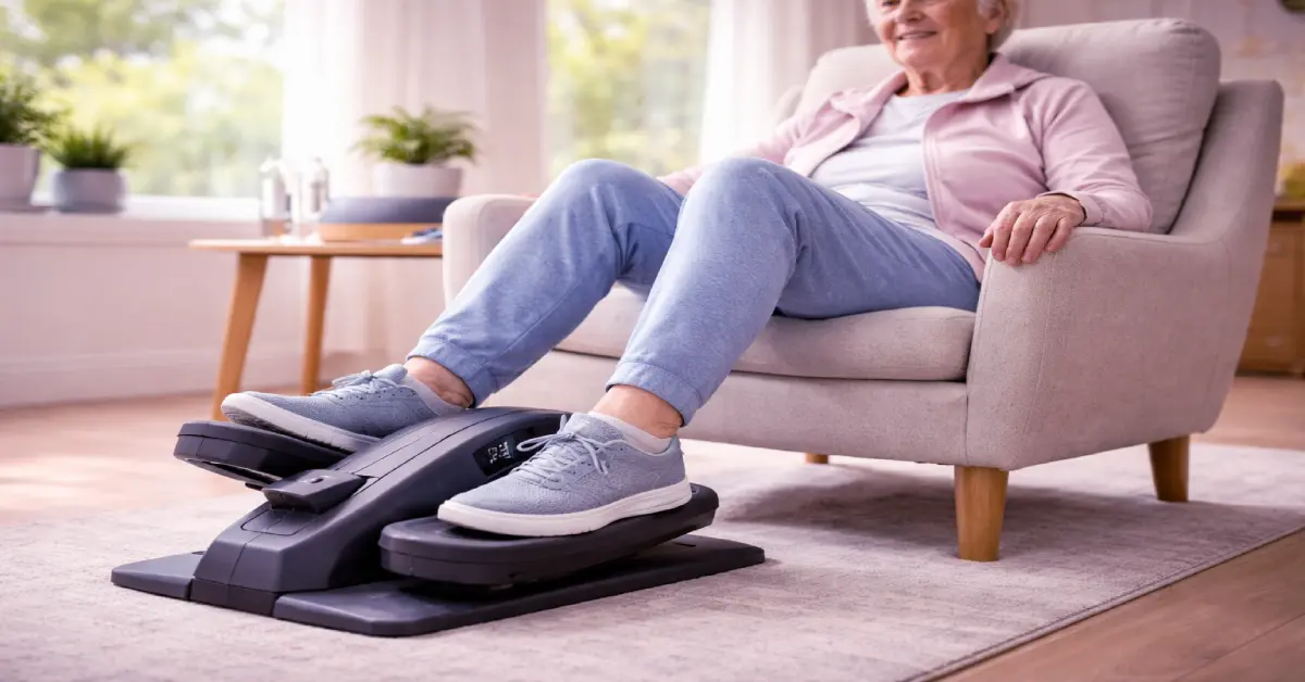 Happy senior exercising on an under-desk elliptical at home for diabetes benefits