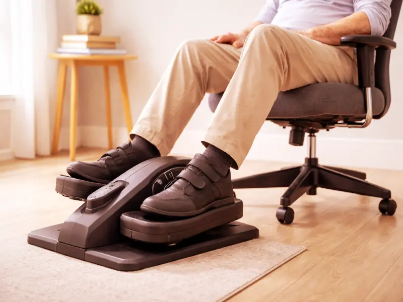 Under-desk elliptical machine for senior exercise and diabetes management.