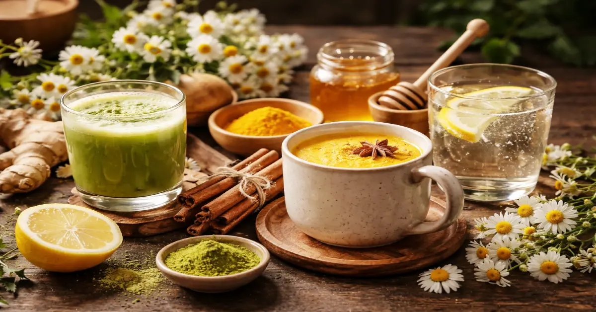 Five different healthy drinks, including chamomile tea and golden milk, to naturally maintain stable blood glucose levels overnight.