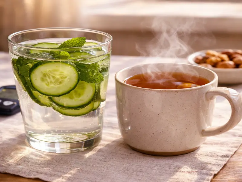 Best nighttime drinks to stabilize blood sugar levels naturally in a cozy bedroom setting.