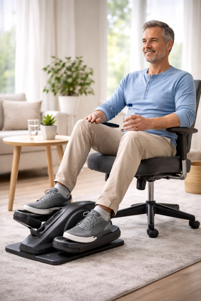 A person sitting on a sofa and using an under-desk elliptical exerciser at home. The image has glowing red and blue arrows on the legs symbolizing improved blood circulation and flow, with text overlay: 'HOW TO IMPROVE LEG CIRCULATION AT HOME' and '5 PROVEN WAYS FOR DIABETICS'.
