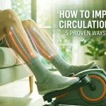 A person using an under-desk elliptical at home to improve leg circulation for diabetics, featuring glowing arrows symbolizing healthy blood flow.