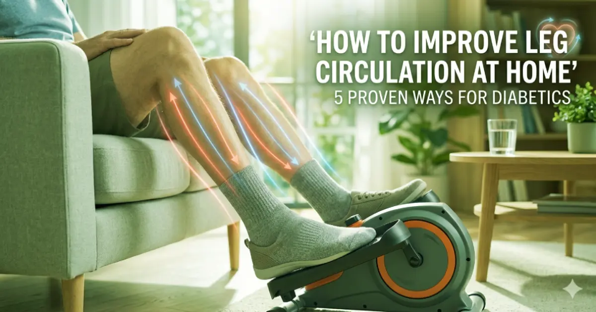 A person using an under-desk elliptical at home to improve leg circulation for diabetics, featuring glowing arrows symbolizing healthy blood flow.