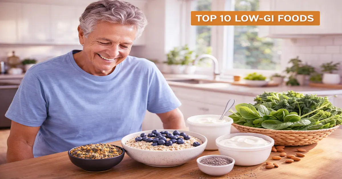 A collection of top 10 low-glycemic foods that keep my blood sugar stable, featuring oats, berries, and lentils for seniors in 2026.