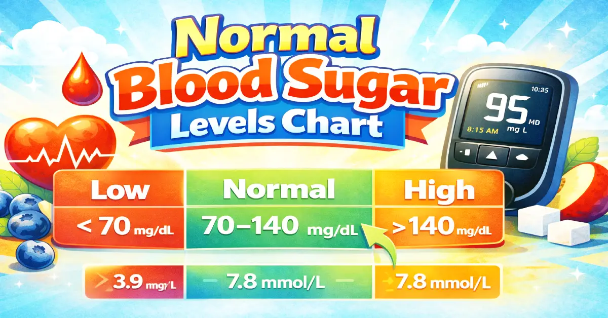 Normal blood sugar levels chart for adults in 2026 showing fasting and post-meal ranges.
