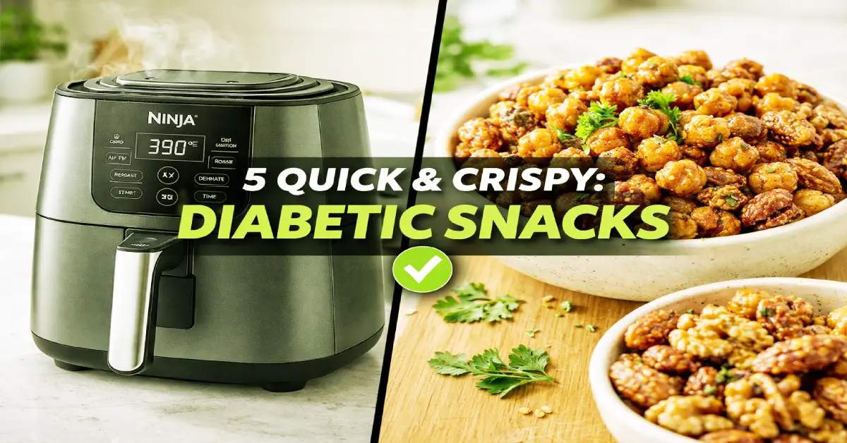 A bowl of crispy chickpeas and zucchini fries, representing healthy air fryer snacks for diabetics in a modern kitchen.