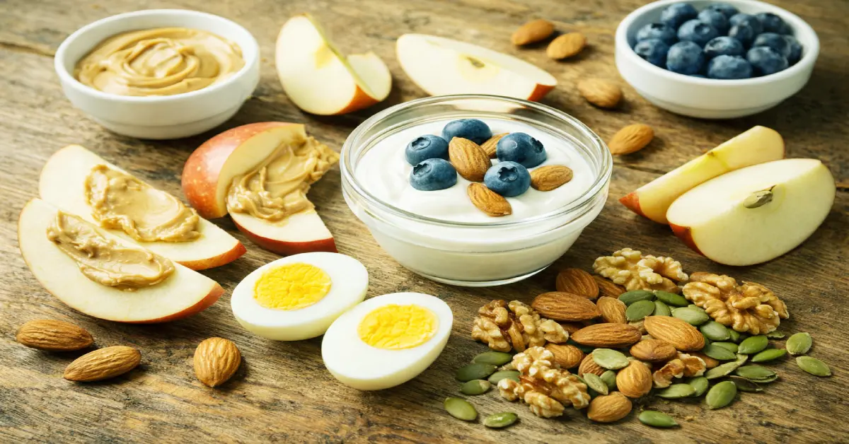 Healthy and low-GI snacks for diabetics including nuts, yogurt, and fresh vegetables.