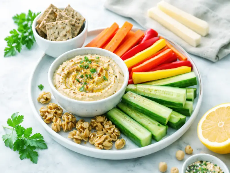 Healthy and low-GI snacks for diabetics including nuts, yogurt, and fresh vegetables.