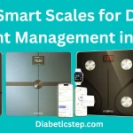 A person with diabetes using a smart scale to track body composition and weight management data on a smartphone app in 2026.