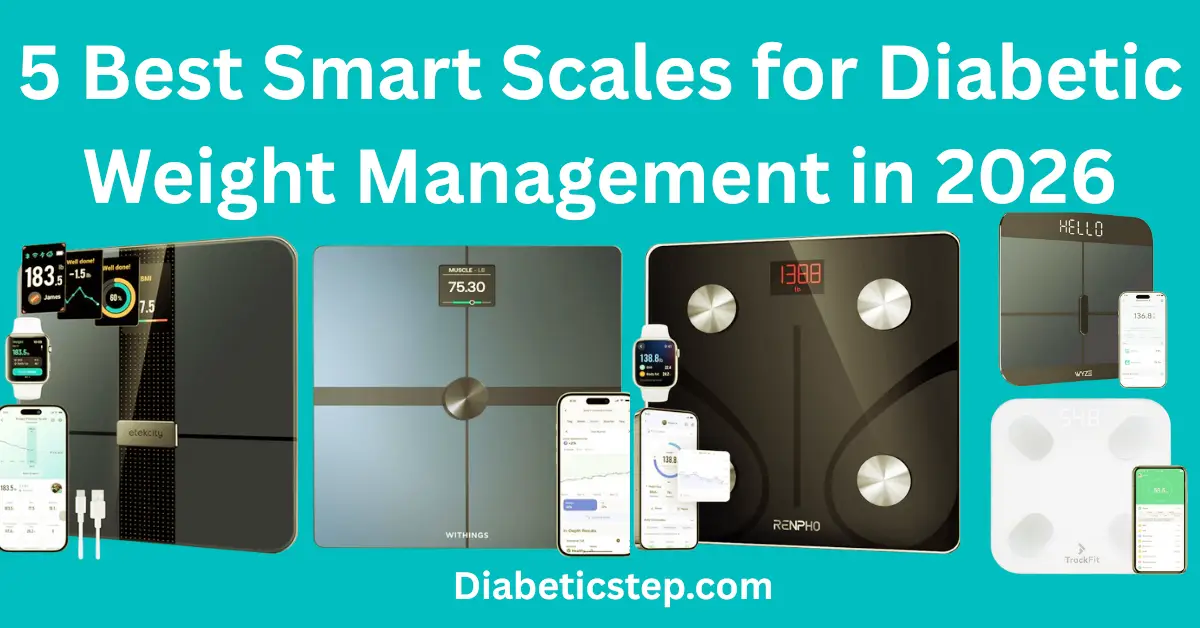 A person with diabetes using a smart scale to track body composition and weight management data on a smartphone app in 2026.