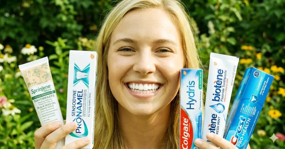 Best whitening toothpaste for diabetics and sensitive gums displayed with dental care tools.
