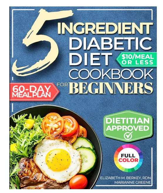 The 5-Ingredient Diabetic Cookbook cover highlighting quick and easy diabetes-friendly recipes.
