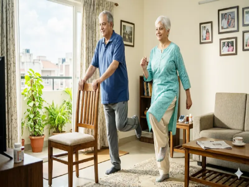 A senior woman practicing chair yoga as one of the simple indoor exercises for seniors with diabetes.