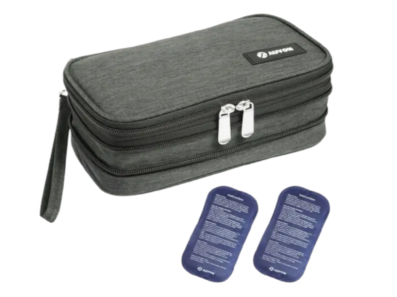 AUVON lightweight insulated diabetic cooler bag with reusable gel packs for short-trip medication storage.