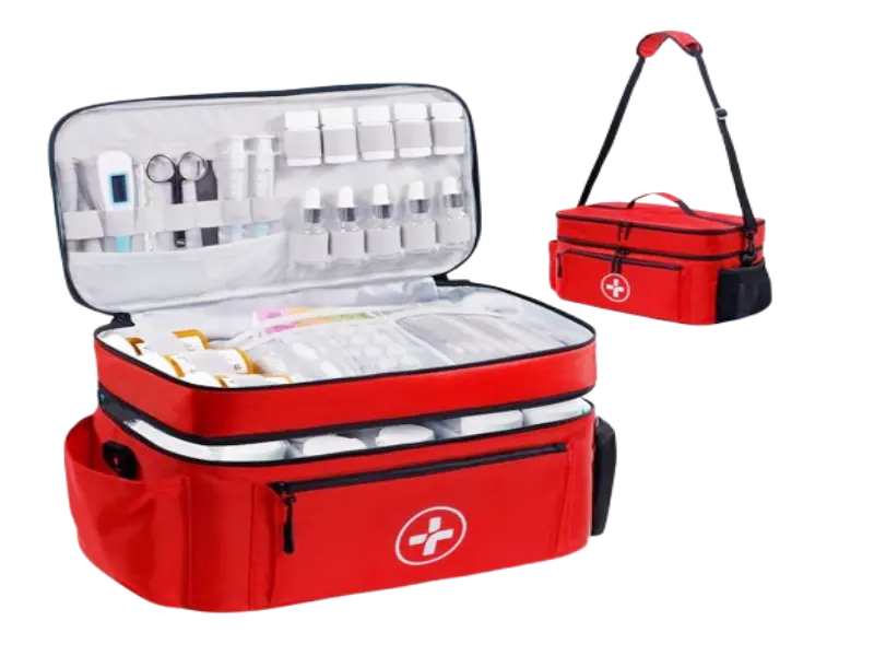 Large capacity BAGSFY double-layer medicine travel bag with insulated compartments for insulin pens and pill bottles.