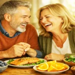 A happy middle-aged couple enjoying a meal with blood-flow-boosting foods for diabetic circulation.