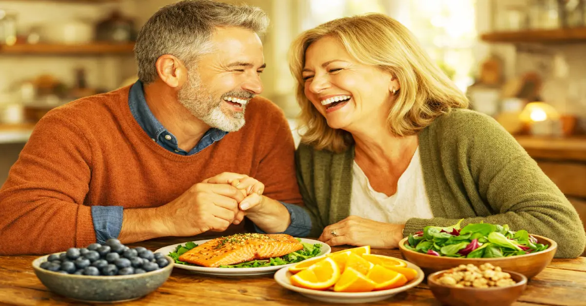 A happy middle-aged couple enjoying a meal with blood-flow-boosting foods for diabetic circulation.