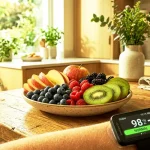 A colorful variety of low-glycemic fruits like berries, green apples, and kiwi slices arranged on a table for diabetic patients.