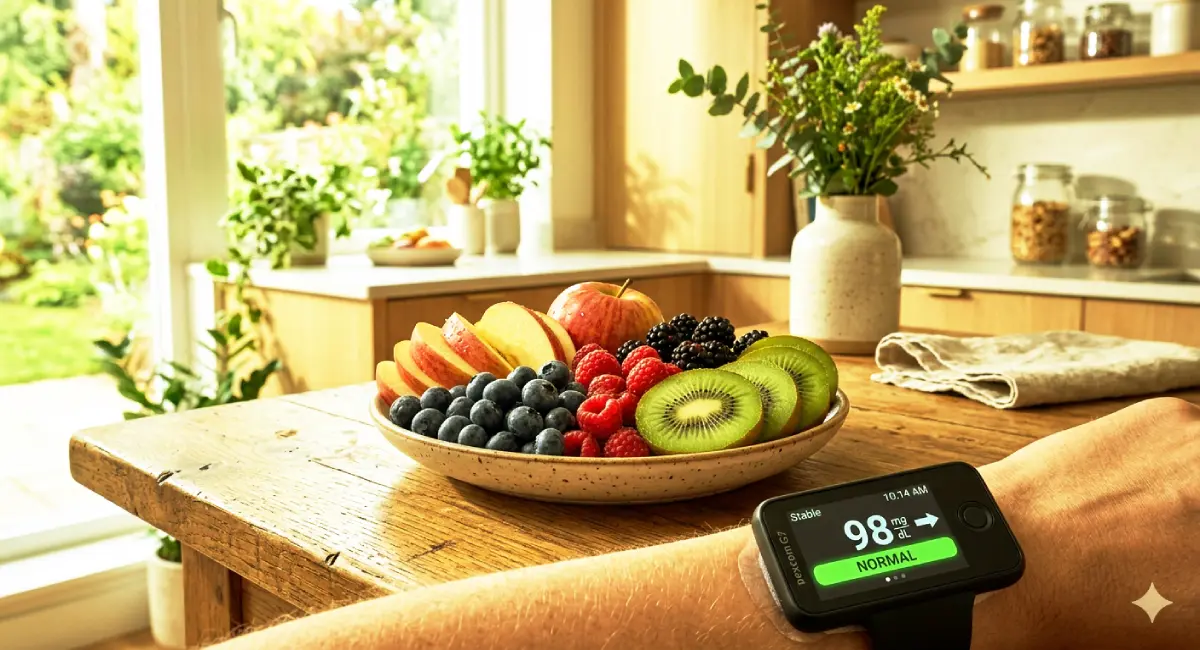 A colorful variety of low-glycemic fruits like berries, green apples, and kiwi slices arranged on a table for diabetic patients.