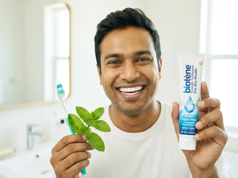 Biotene Fresh Mint fluoride toothpaste for gum irritation and sensitive oral care.