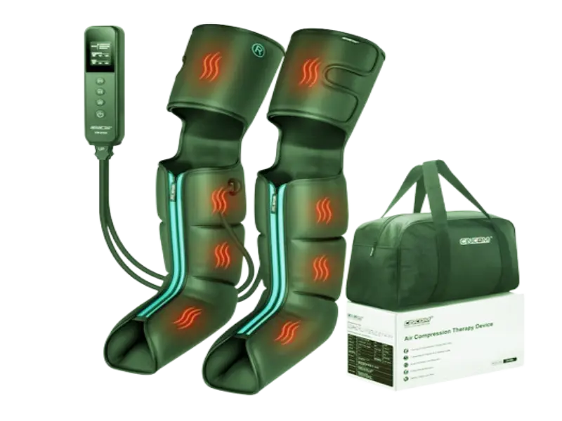 Handheld controller for CINCOM massager with adjustable leg wraps.