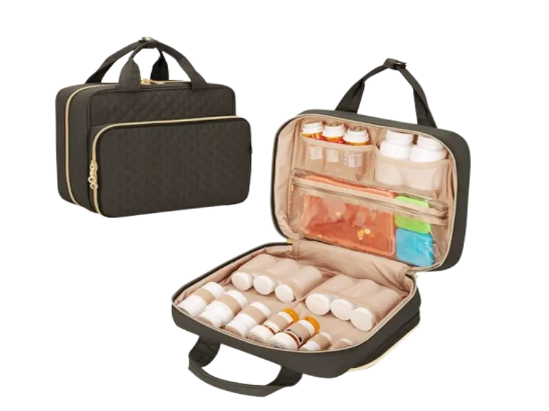 Damero padded pill bottle organizer and medicine storage bag with transparent pockets for medical supply organization.