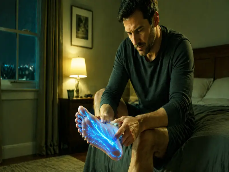 Man massaging feet at night to relieve diabetic tingling sensation