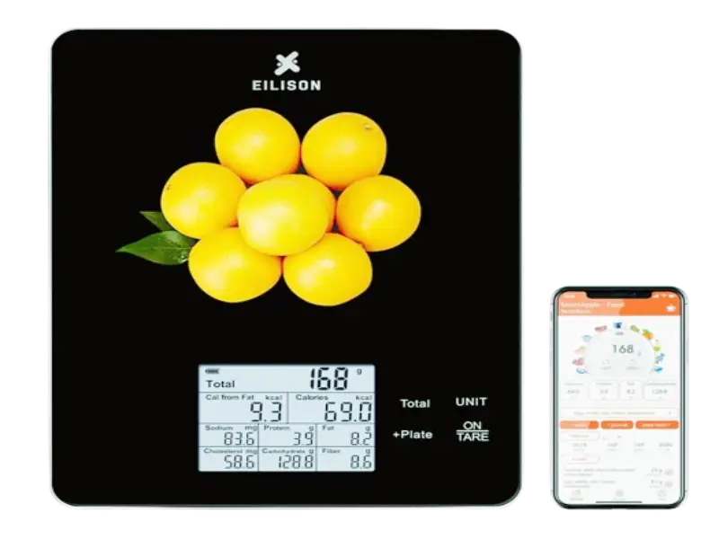 EILISON Digital Food Scale with Nutrition Calculator displaying carb counts for diabetes meal planning