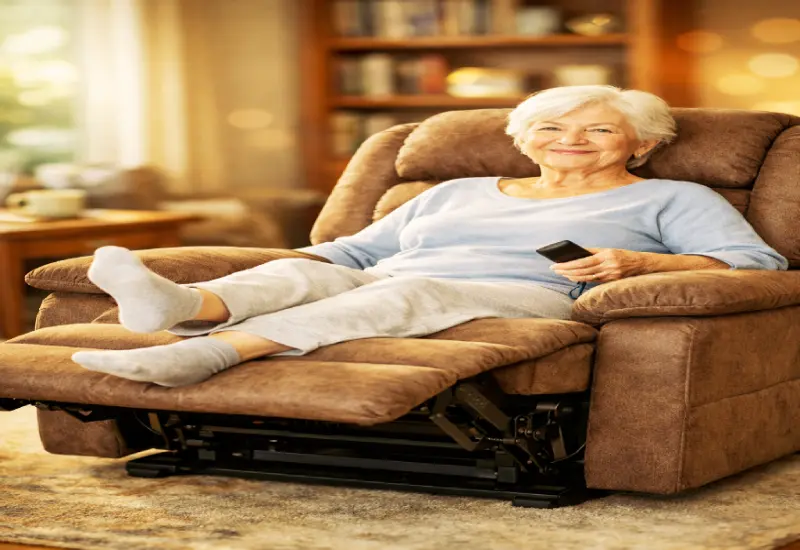 Seated leg extension movement in a power recliner to strengthen thighs.