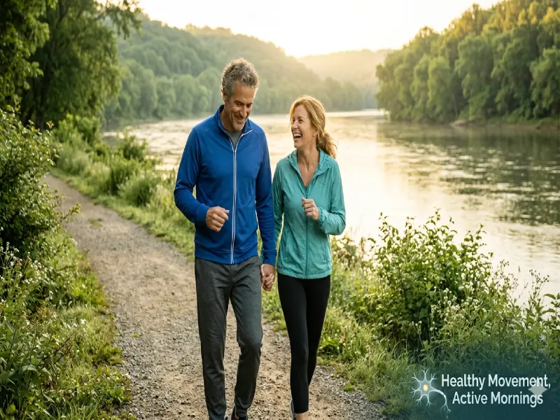 Middle-aged couple walking by a river as a natural remedy for nerve pain and diabetes management