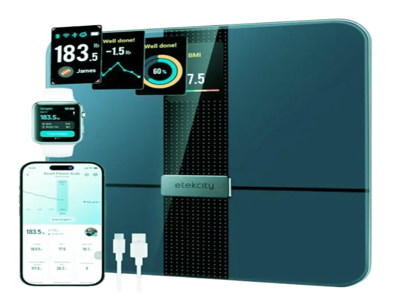 Etekcity HR Smart Fitness Scale displaying body weight and health metrics for effective diabetic weight management in 2026.