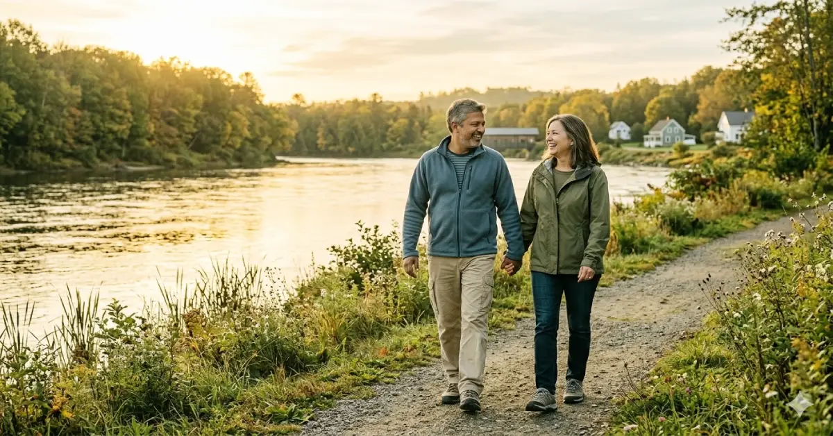 A peaceful morning scene representing a balanced and healthy diabetic lifestyle with comfortable walking steps in nature.