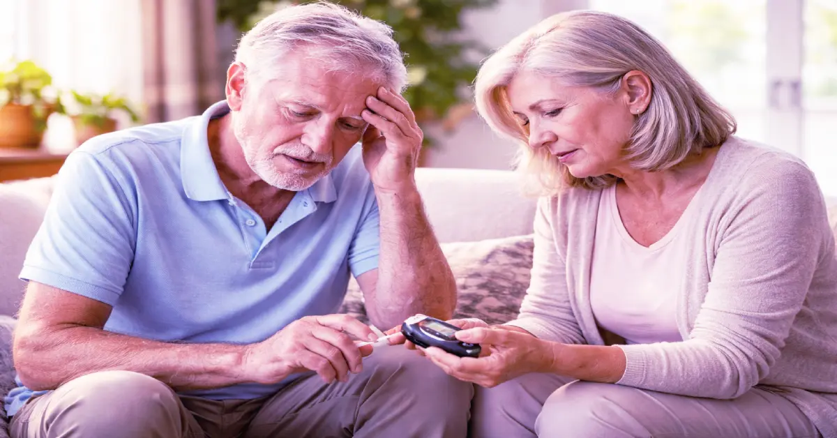 An elderly couple checking blood sugar with a glucometer to recognize signs of hypoglycemia at home.