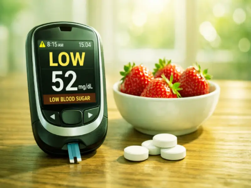 A digital glucometer showing low blood sugar 58 mg/dL with a bowl of strawberries for hypoglycemia awareness.