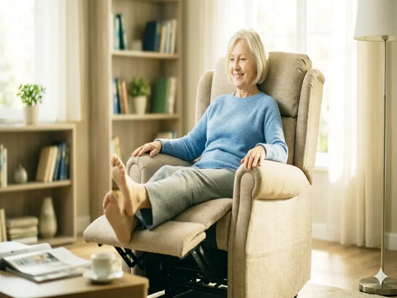 Senior performing ankle pump exercises in a recliner for leg circulation