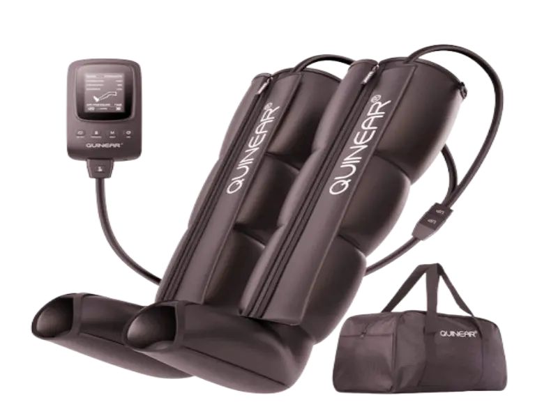 QUINEAR Leg Circulation Machine with heat and sequence compression for diabetic foot and calf recovery.