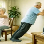 A happy senior couple performing simple indoor exercises for seniors with diabetes in a cozy living room.