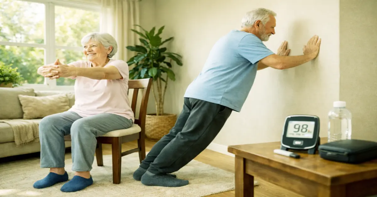A happy senior couple performing simple indoor exercises for seniors with diabetes in a cozy living room.