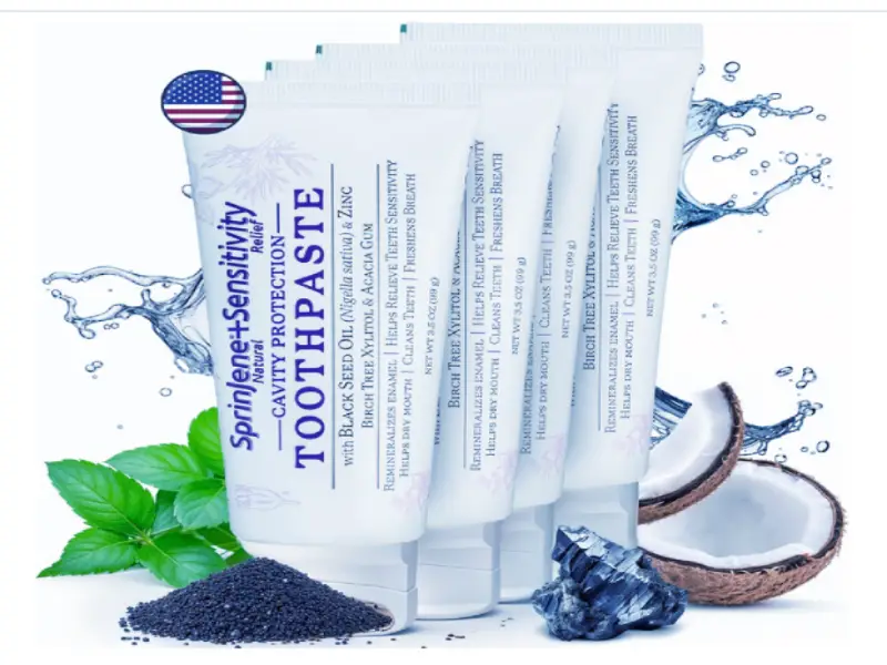 SprinJene Natural White toothpaste for diabetics featuring black seed oil and zinc.