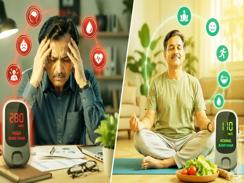 A stressed diabetic checking their blood glucose level with a modern glucometer and showing a high reading.