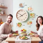 A comprehensive meal frequency guide showing how many times a diabetic should eat in a day with healthy food portions and a clock.