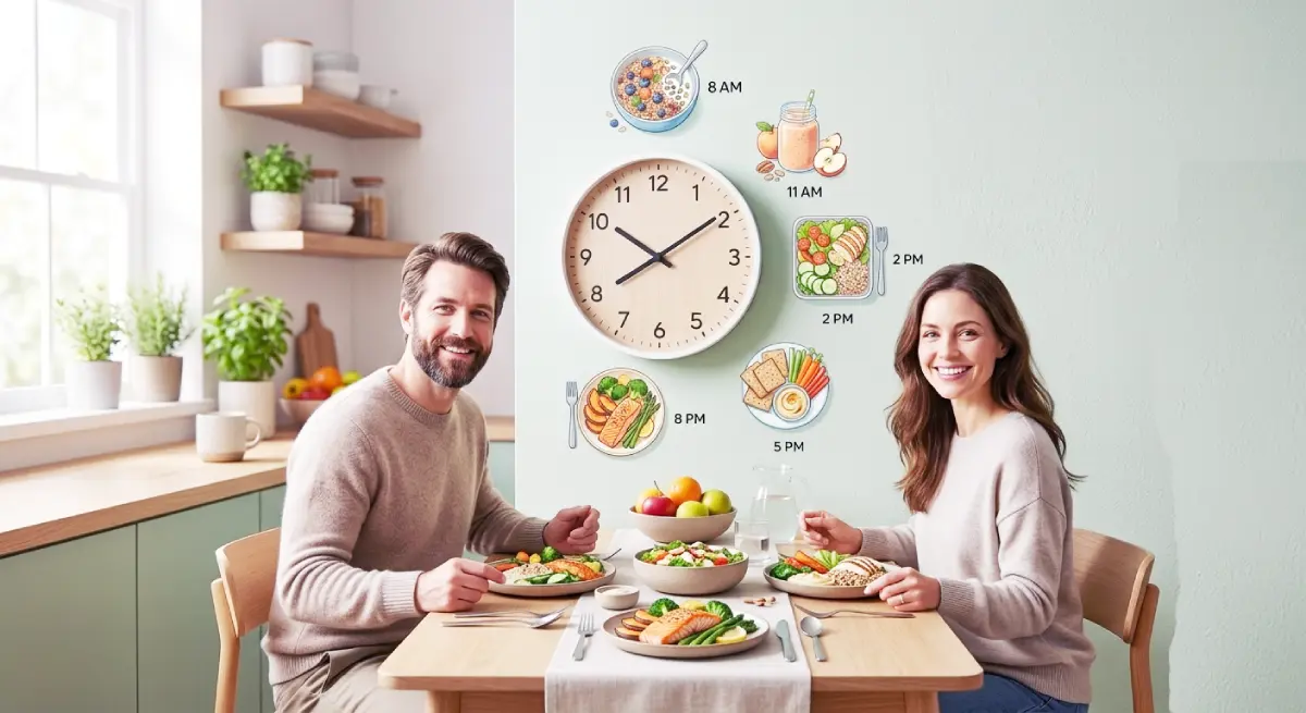 A comprehensive meal frequency guide showing how many times a diabetic should eat in a day with healthy food portions and a clock.