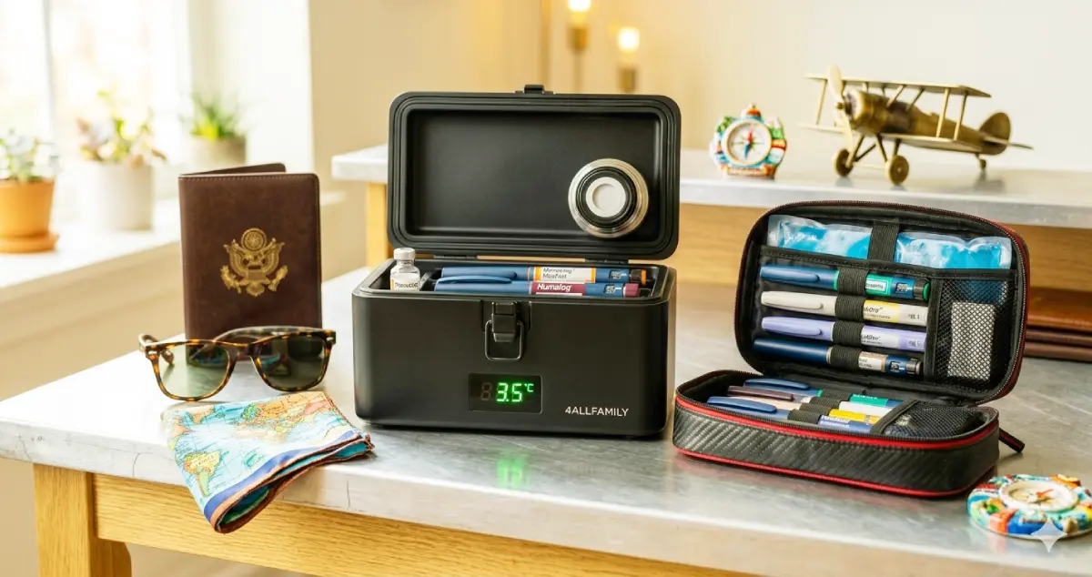 A comparison of the best electric insulin cooler travel cases and insulated medicine bags for 2026, featuring a portable medical refrigerator with a digital temperature display alongside a durable hard-shell travel organizer on a clean wooden surface.