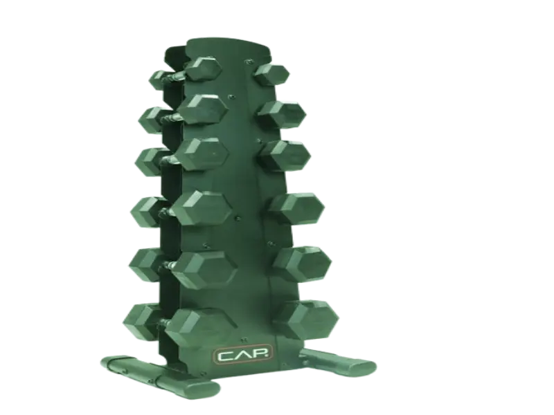 Compact vertical A-frame dumbbell set with rack perfect for small apartment fitness spaces.