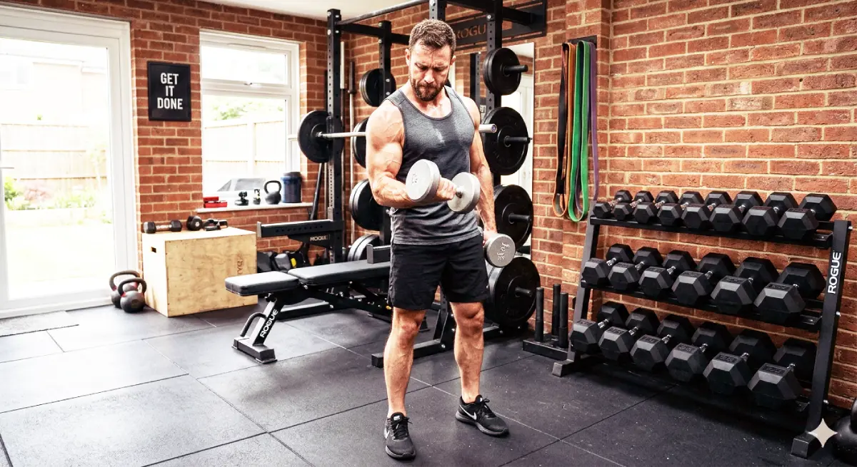 A professional home gym setup featuring a focused man exercising with a dumbbell set with rack.