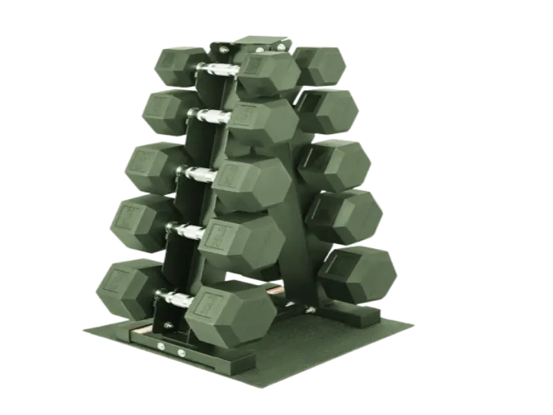 Fitvids rubber coated hex dumbbell set with a compact storage rack for home gym floor protection.
