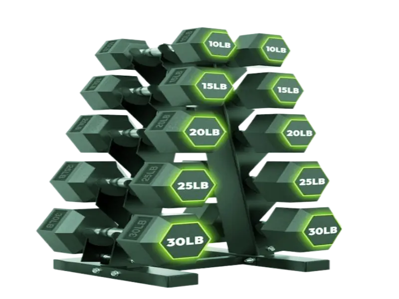 HANDBODE rubber coated fitness weights featuring a professional stand for organized workouts.
