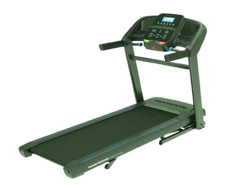 Horizon Fitness home treadmill featuring a sturdy aluminum frame and a wide running deck for safe and comfortable indoor cardio.